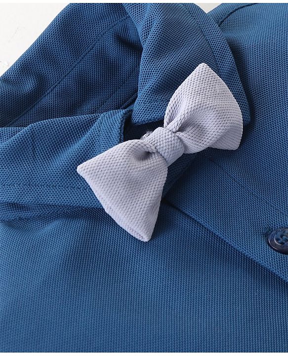 Babyhug Woven Half Sleeves Solid Shirt & Trouser Set with Bow Tie & Suspender - Blue & Grey