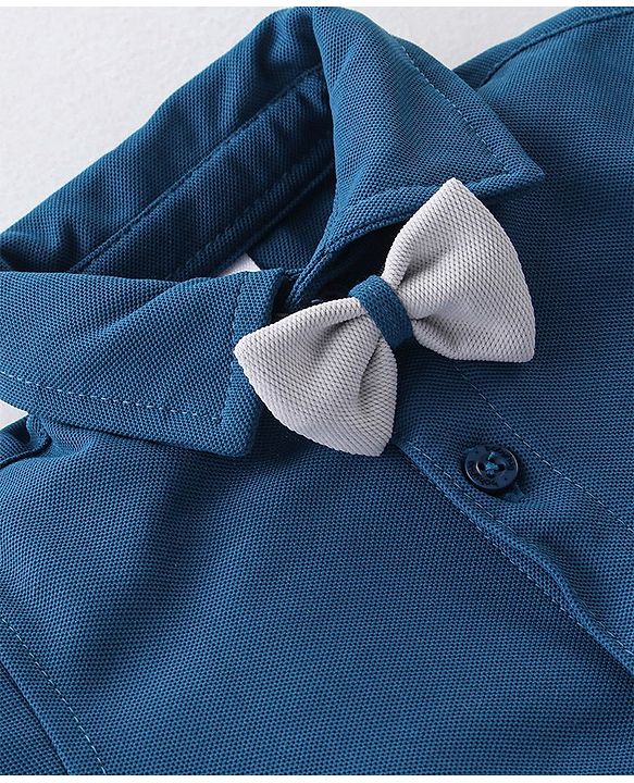 Babyhug Woven Half Sleeves Solid Shirt & Trouser Set with Bow Tie & Suspender - Blue & Grey