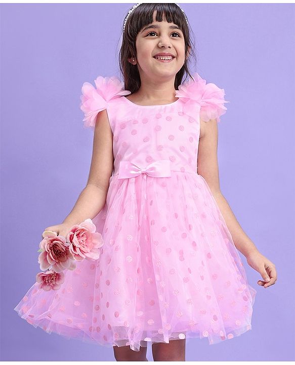 Babyhug Woven Sleeveless Party Frock Sequinned Detailing with Bow Applique - Pink