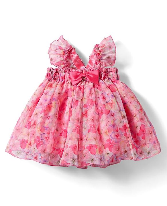 Babyhug Woven Sleeveless A Line Party Frock with Bow Detailing Floral Print - Pink