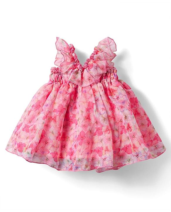 Babyhug Woven Sleeveless A Line Party Frock with Bow Detailing Floral Print - Pink