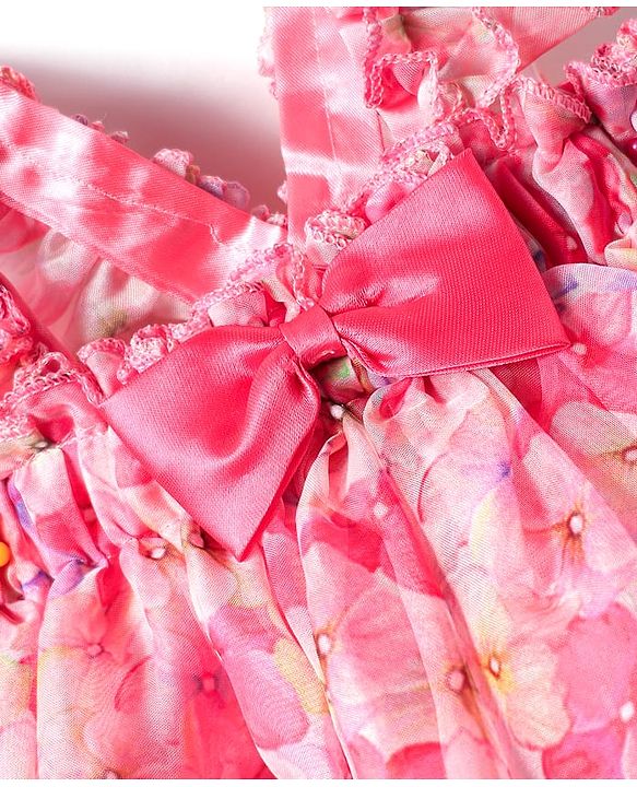 Babyhug Woven Sleeveless A Line Party Frock with Bow Detailing Floral Print - Pink