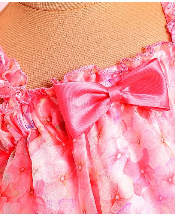 Babyhug Woven Sleeveless A Line Party Frock with Bow Detailing Floral Print - Pink
