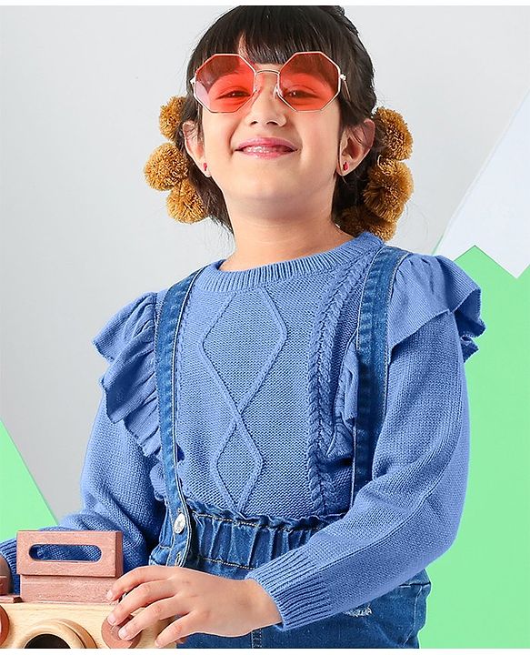 Pine Kids Full Sleeves Sweater With Cable Knit Ruffle Solid Colour - Blue