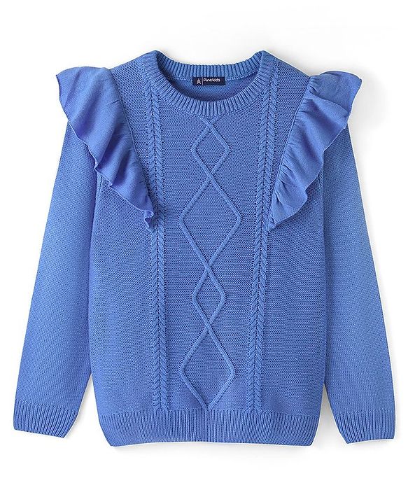 Pine Kids Full Sleeves Sweater With Cable Knit Ruffle Solid Colour - Blue