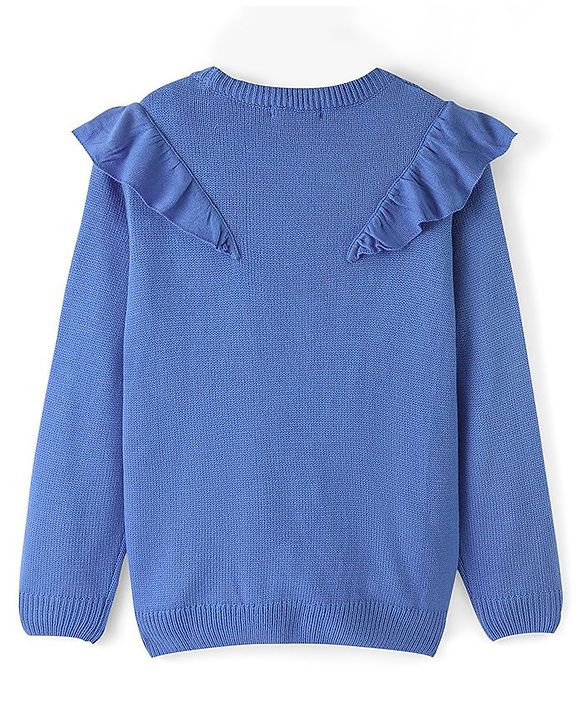 Pine Kids Full Sleeves Sweater With Cable Knit Ruffle Solid Colour - Blue
