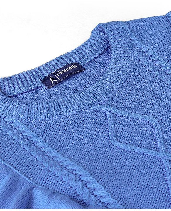 Pine Kids Full Sleeves Sweater With Cable Knit Ruffle Solid Colour - Blue