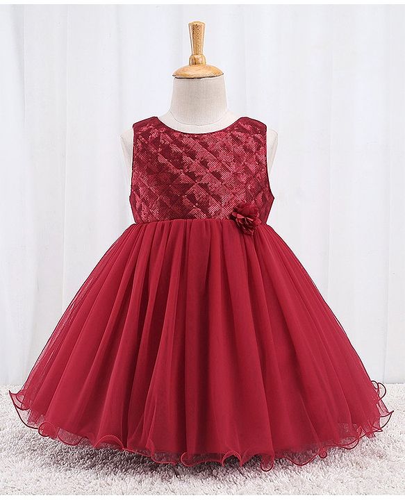 Babyhug Sleeveless Party Frock With Sequin Embroidery & Floral Corsage- Red
