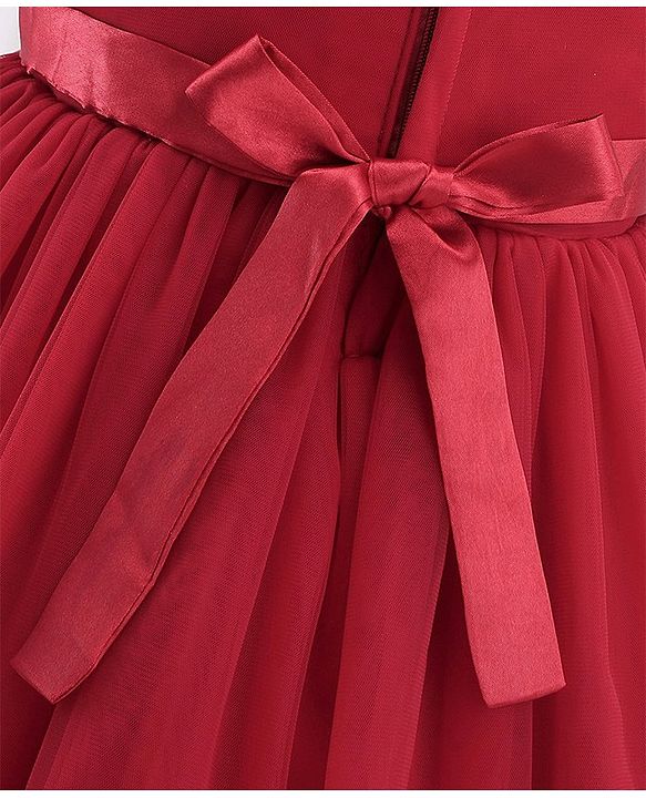Babyhug Sleeveless Party Frock With Sequin Embroidery & Floral Corsage- Red
