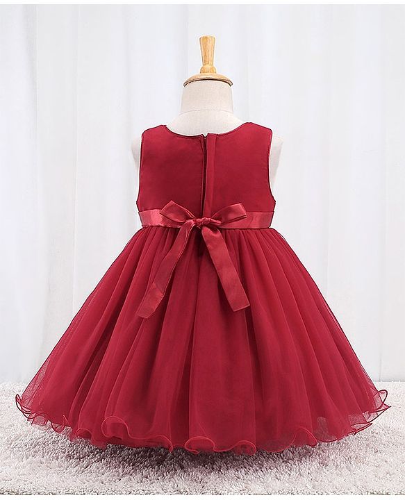 Babyhug Sleeveless Party Frock With Sequin Embroidery & Floral Corsage- Red
