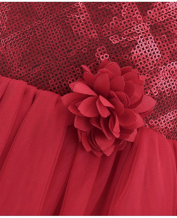Babyhug Sleeveless Party Frock With Sequin Embroidery & Floral Corsage- Red