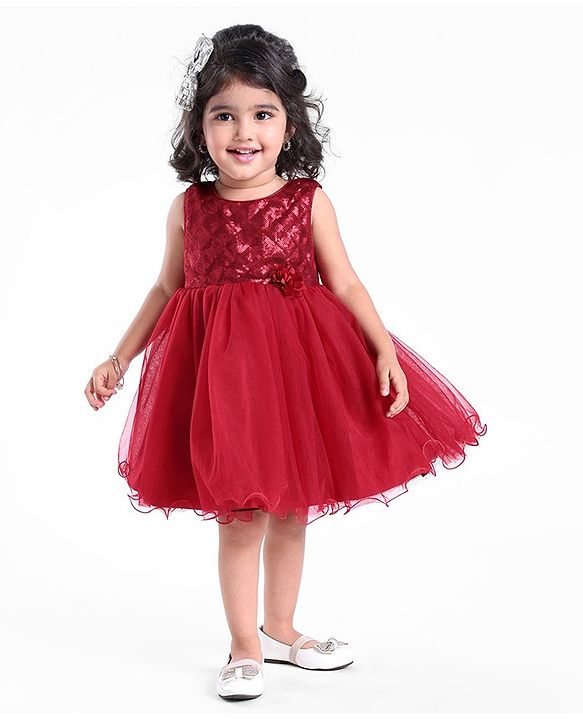 Babyhug Sleeveless Party Frock With Sequin Embroidery & Floral Corsage- Red