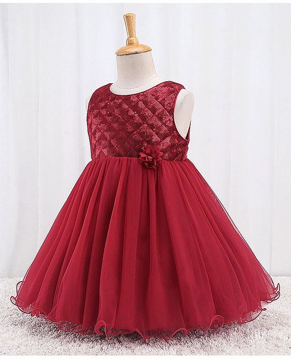 Babyhug Sleeveless Party Frock With Sequin Embroidery & Floral Corsage- Red