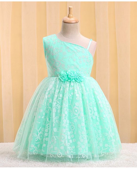 Babyhug Woven Sleeveless Party Frock with Floral Corsage & Glitter Print - Mint
