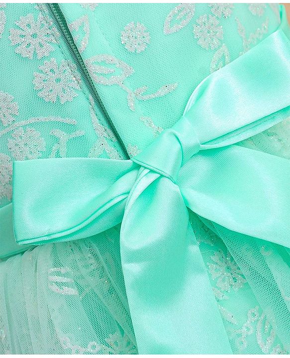 Babyhug Woven Sleeveless Party Frock with Floral Corsage & Glitter Print - Mint