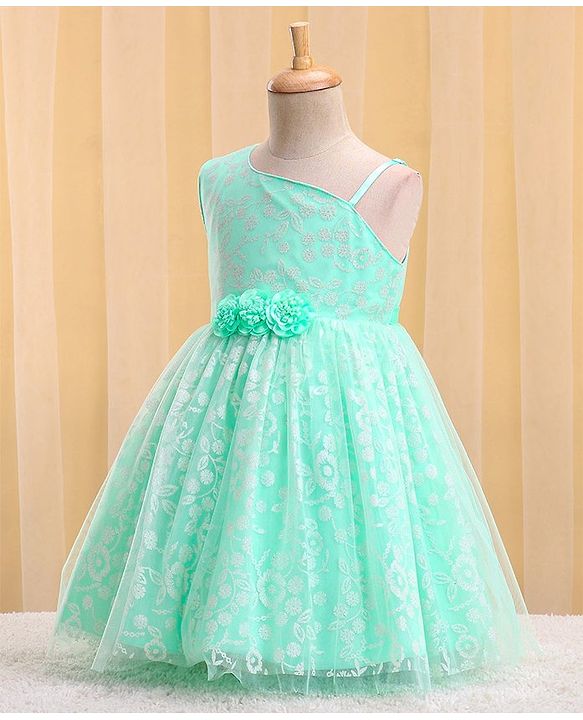 Babyhug Woven Sleeveless Party Frock with Floral Corsage & Glitter Print - Mint
