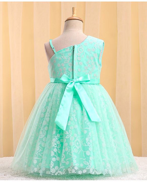 Babyhug Woven Sleeveless Party Frock with Floral Corsage & Glitter Print - Mint
