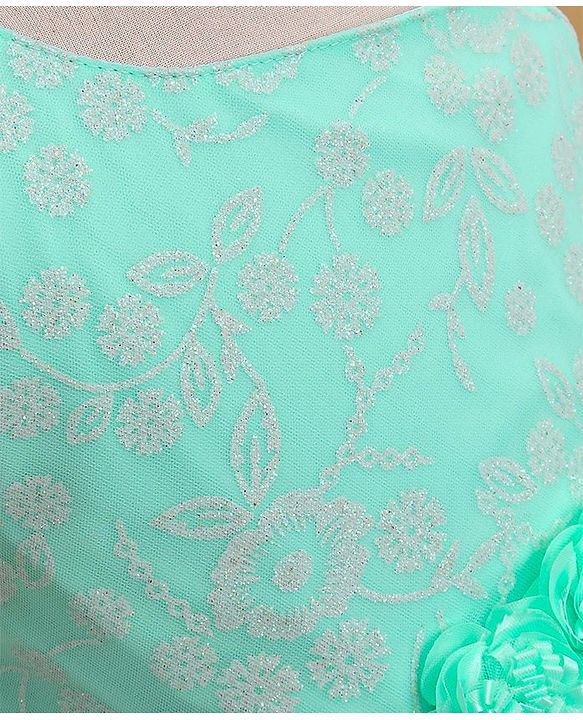 Babyhug Woven Sleeveless Party Frock with Floral Corsage & Glitter Print - Mint