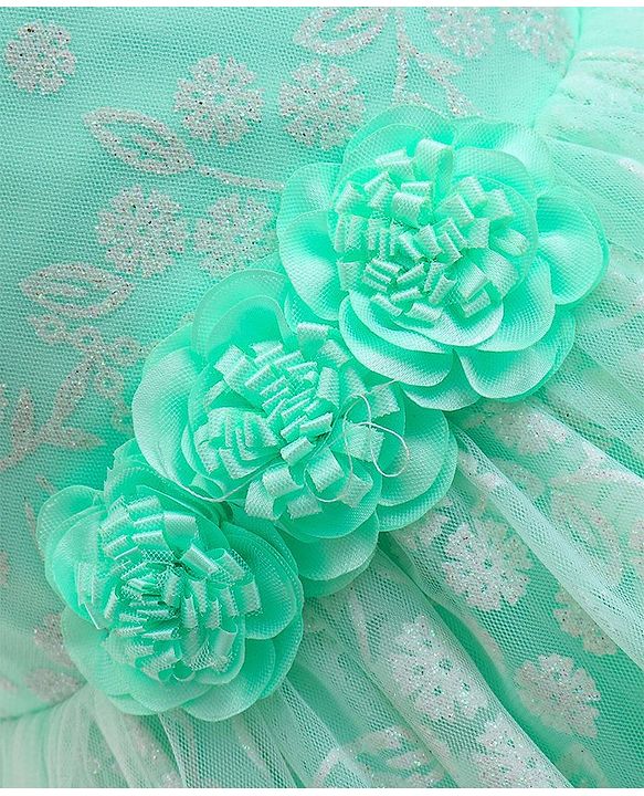Babyhug Woven Sleeveless Party Frock with Floral Corsage & Glitter Print - Mint