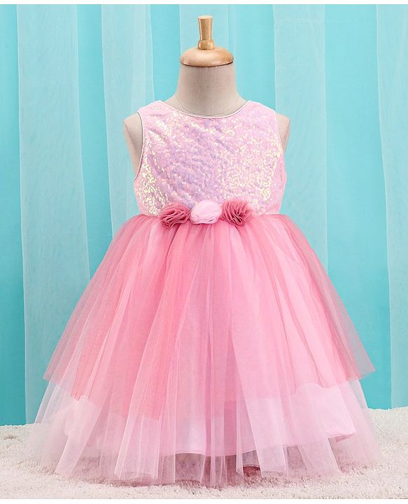 Babyhug Woven Sleeveless Sequined Party Dress with Floral Corsage & Net Detailing - Dusty Pink