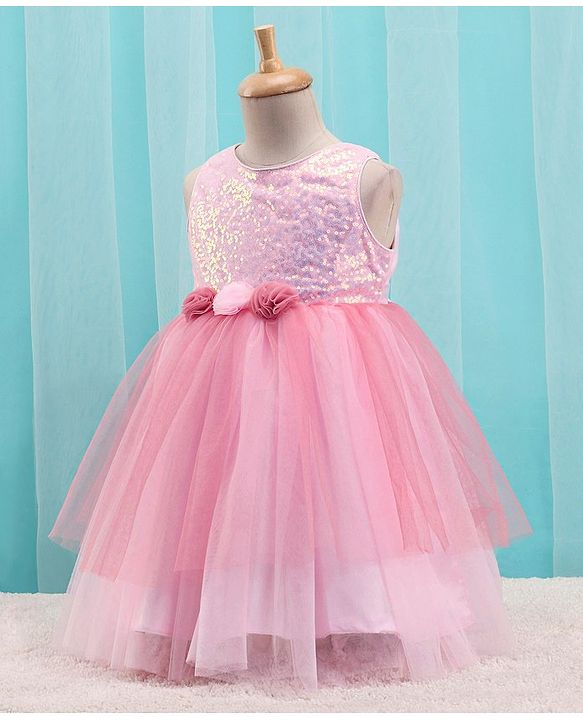 Babyhug Woven Sleeveless Sequined Party Dress with Floral Corsage & Net Detailing - Dusty Pink