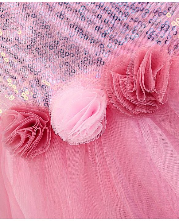 Babyhug Woven Sleeveless Sequined Party Dress with Floral Corsage & Net Detailing - Dusty Pink