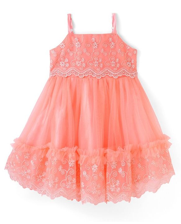 Babyhug Sleeveless Floral Lace & Mesh Party Frock - Peach
