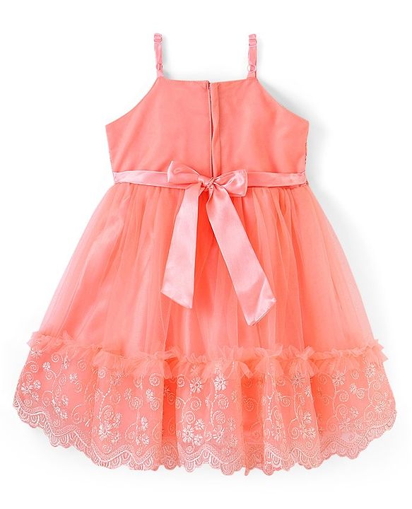 Babyhug Sleeveless Floral Lace & Mesh Party Frock - Peach