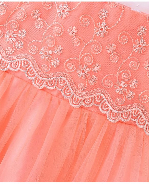 Babyhug Sleeveless Floral Lace & Mesh Party Frock - Peach