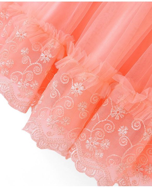 Babyhug Sleeveless Floral Lace & Mesh Party Frock - Peach