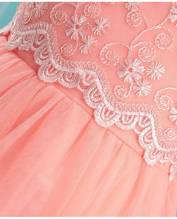 Babyhug Sleeveless Floral Lace & Mesh Party Frock - Peach