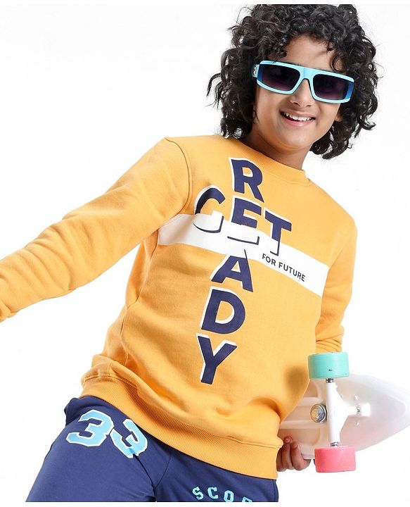 Pine Kids Full Sleeves Round Neck Biowashed Sweatshirt Text Print - Yellow