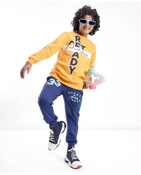 Pine Kids Full Sleeves Round Neck Biowashed Sweatshirt Text Print - Yellow