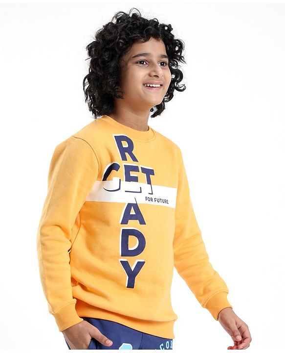 Pine Kids Full Sleeves Round Neck Biowashed Sweatshirt Text Print - Yellow