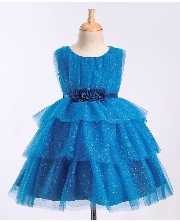 Babyhug Sleeveless Mesh Layered Glittery Party Frock with Floral Corsage - Dark Blue