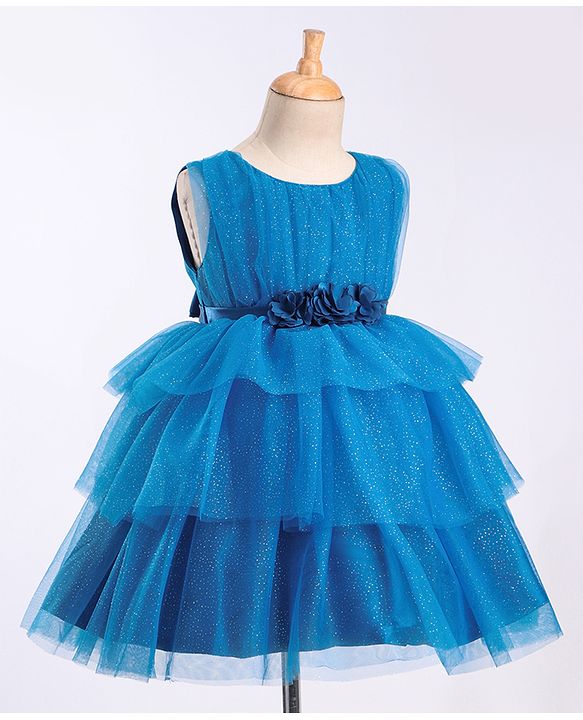 Babyhug Sleeveless Mesh Layered Glittery Party Frock with Floral Corsage - Dark Blue