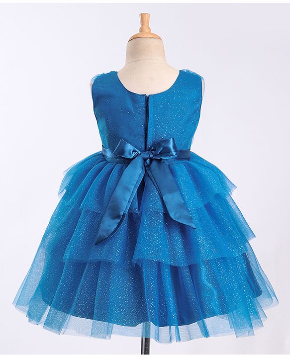 Babyhug Sleeveless Mesh Layered Glittery Party Frock with Floral Corsage - Dark Blue