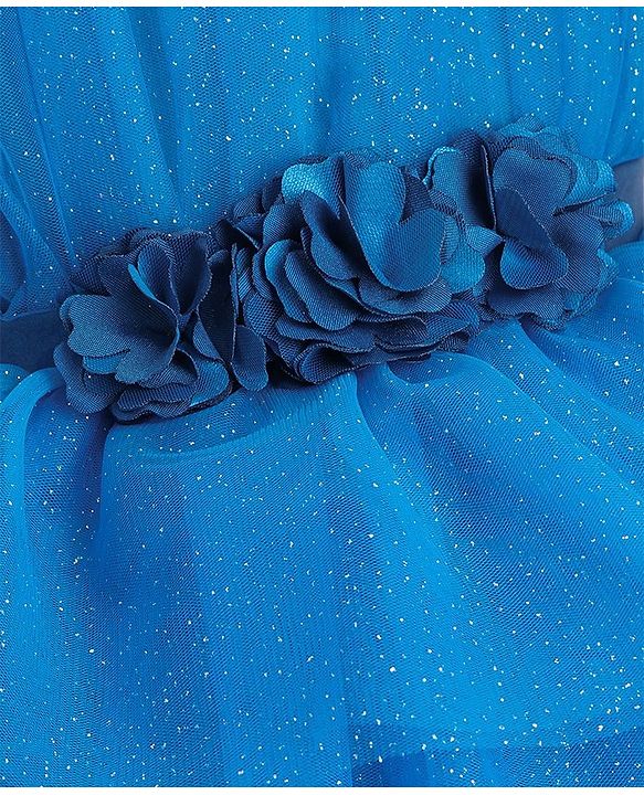Babyhug Sleeveless Mesh Layered Glittery Party Frock with Floral Corsage - Dark Blue