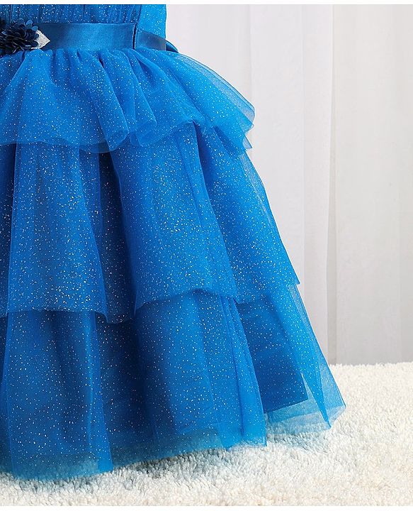 Babyhug Sleeveless Mesh Layered Glittery Party Frock with Floral Corsage - Dark Blue