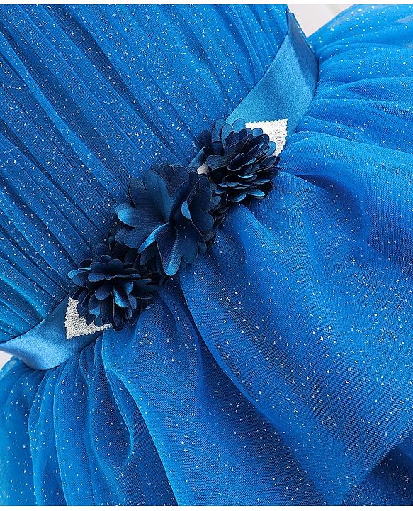 Babyhug Sleeveless Mesh Layered Glittery Party Frock with Floral Corsage - Dark Blue