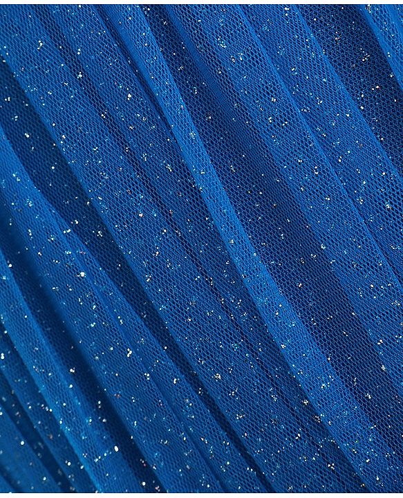 Babyhug Sleeveless Mesh Layered Glittery Party Frock with Floral Corsage - Dark Blue