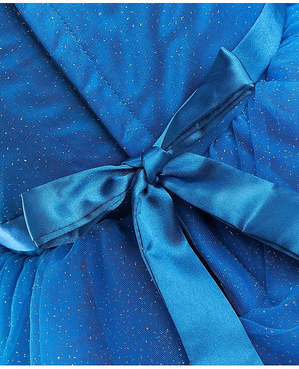 Babyhug Sleeveless Mesh Layered Glittery Party Frock with Floral Corsage - Dark Blue