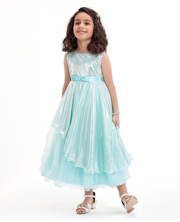Babyhug Woven Sleeveless Metallic & Mesh Party Gown - Mint