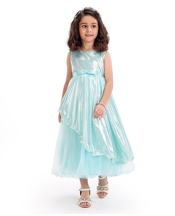 Babyhug Woven Sleeveless Metallic & Mesh Party Gown - Mint