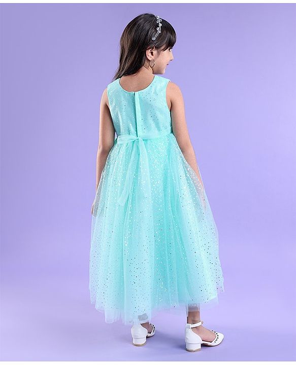 Babyhug Sleeveless Party Frock With Foil Print & Floral Corsage- Mint