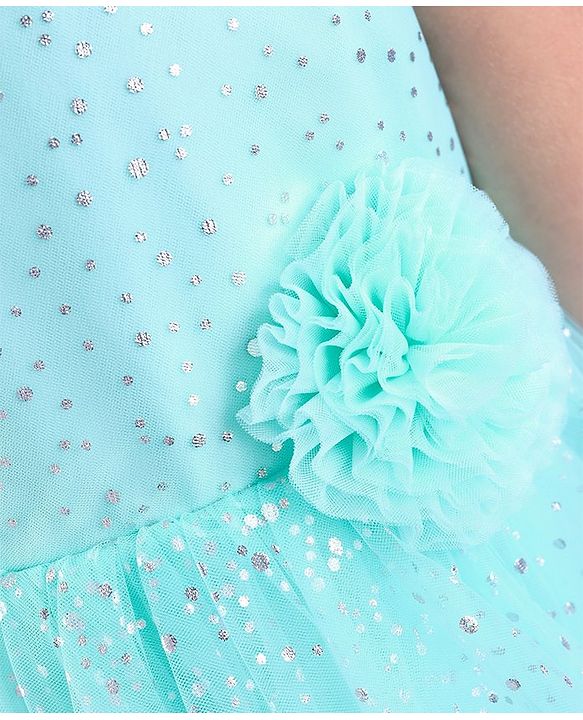Babyhug Sleeveless Party Frock With Foil Print & Floral Corsage- Mint