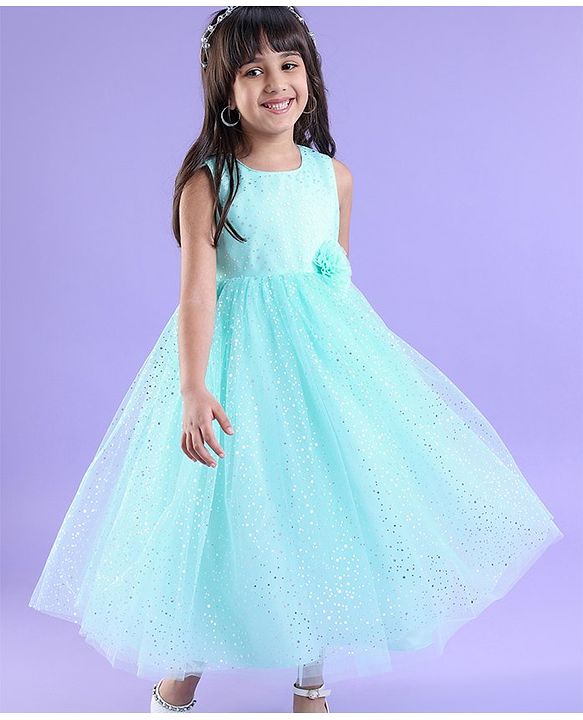 Babyhug Sleeveless Party Frock With Foil Print & Floral Corsage- Mint