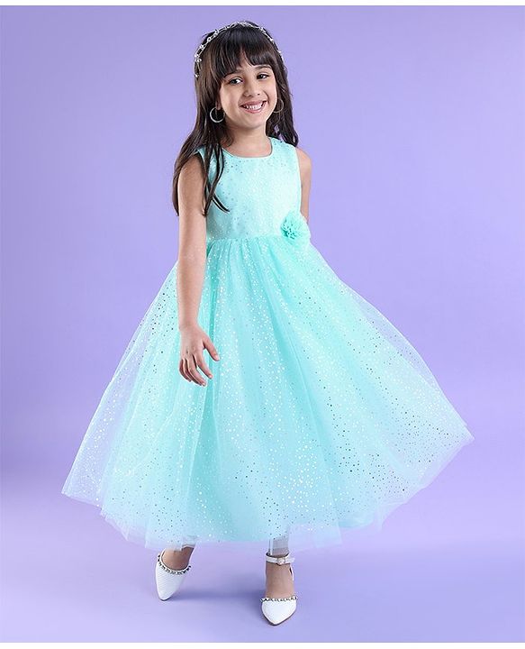 Babyhug Sleeveless Party Frock With Foil Print & Floral Corsage- Mint
