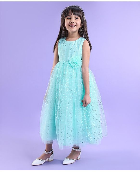Babyhug Sleeveless Party Frock With Foil Print & Floral Corsage- Mint