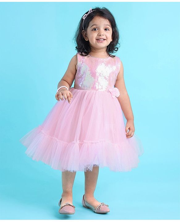 Babyhug Woven Sleeveless Sequined Party Dress with Bow Applique & Mesh Detailing - Pink
